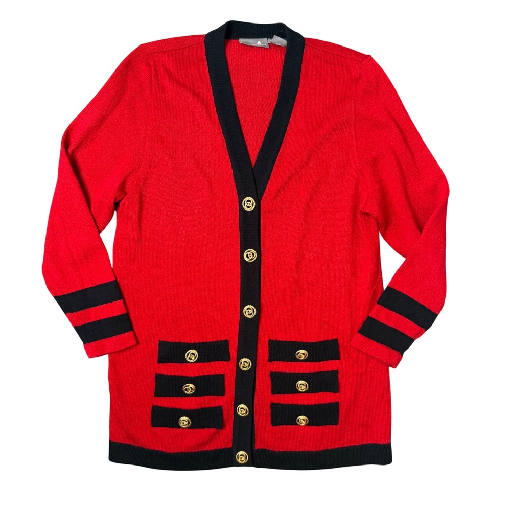 Vintage 90s‎ Long Red Cardigan Sweater Gold Nautical Buttons Preppy Old Money L